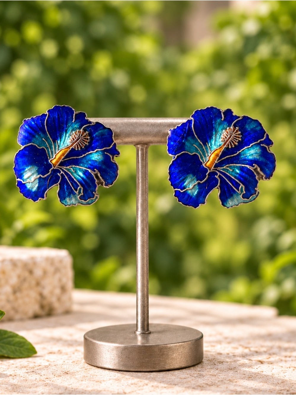 Vintage Blue Hibiscus Flower Enamel Cloisonné-Style Post Earrings 1¼″